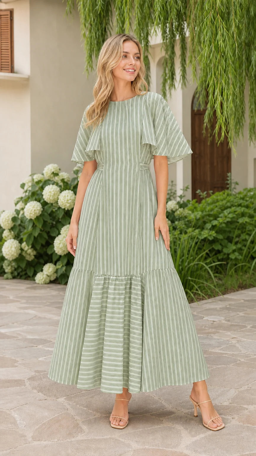 Front view of model wearing sage green striped flutter sleeve maxi dress