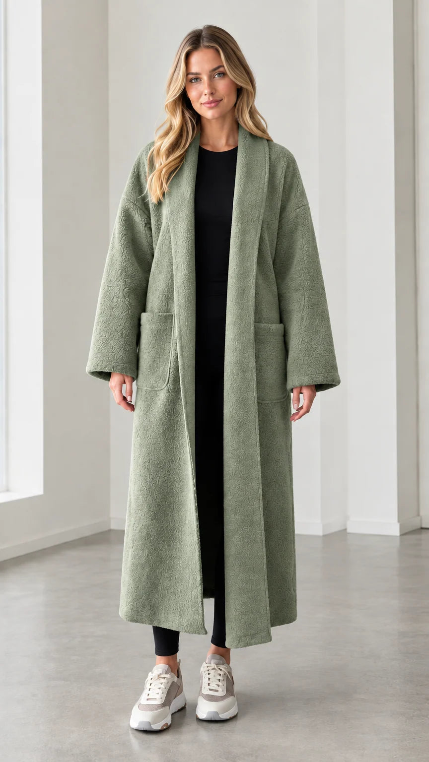 Model wearing sage green textured longline open front duster coat