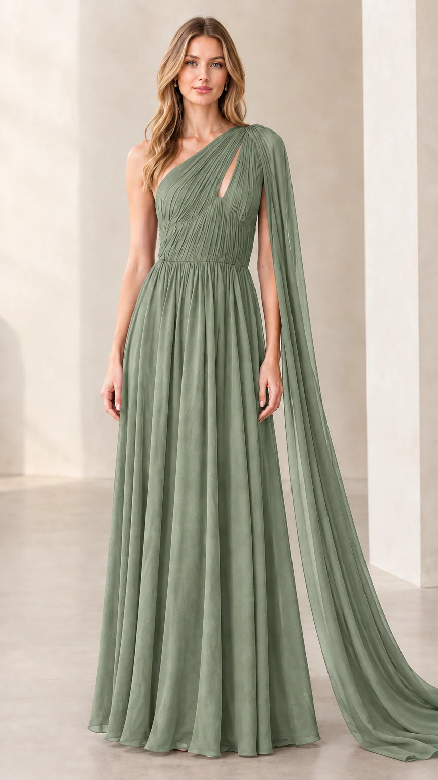 Sage green one-shoulder floor-length pleated cape gown