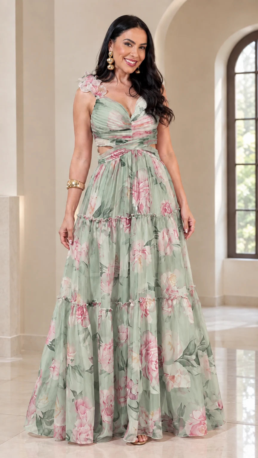 Model wearing Sage Green floral print cutout tiered maxi dress