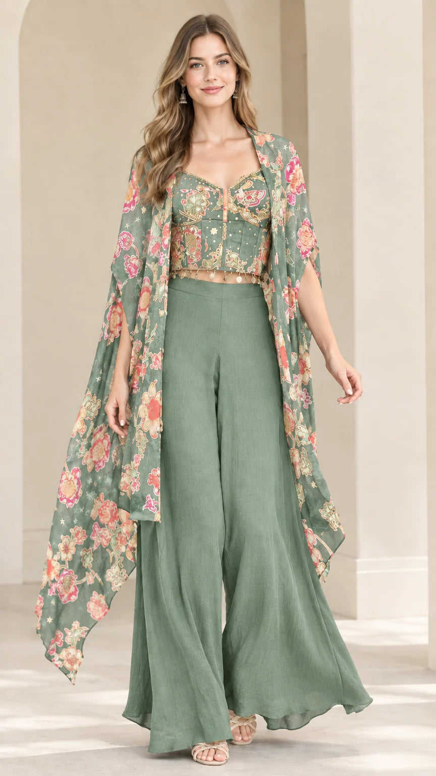 Sage green 3-piece floral printed cape and palazzo co-ord set