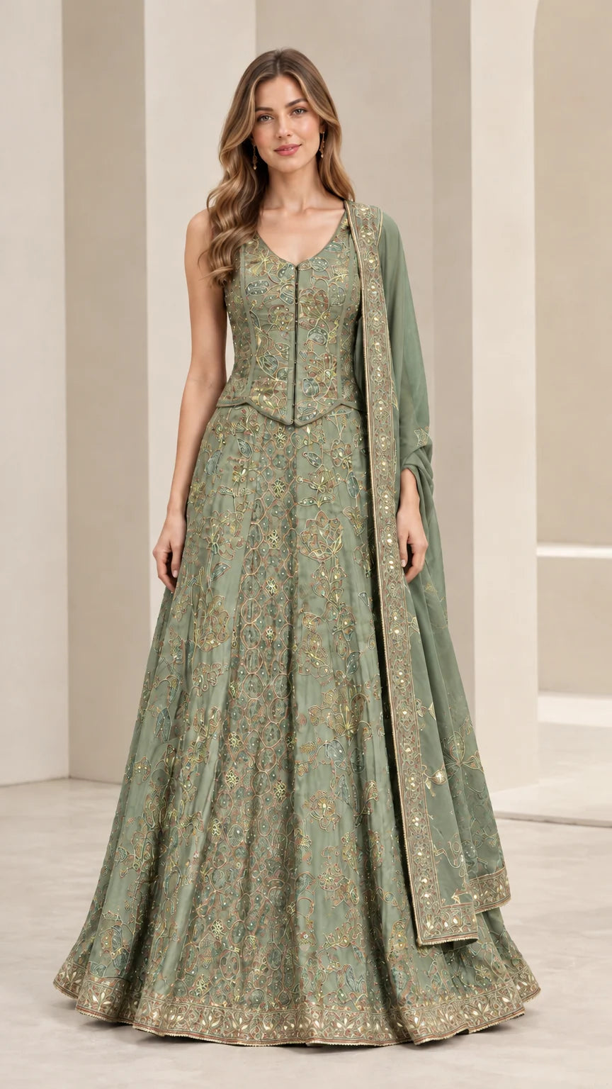 Front view of sage green floral embroidered lehenga set with matching dupatta