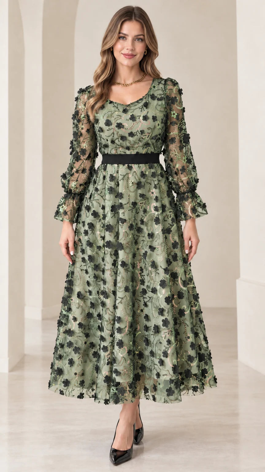 Front view of sage green 3D floral sequin long sleeve midi dress
