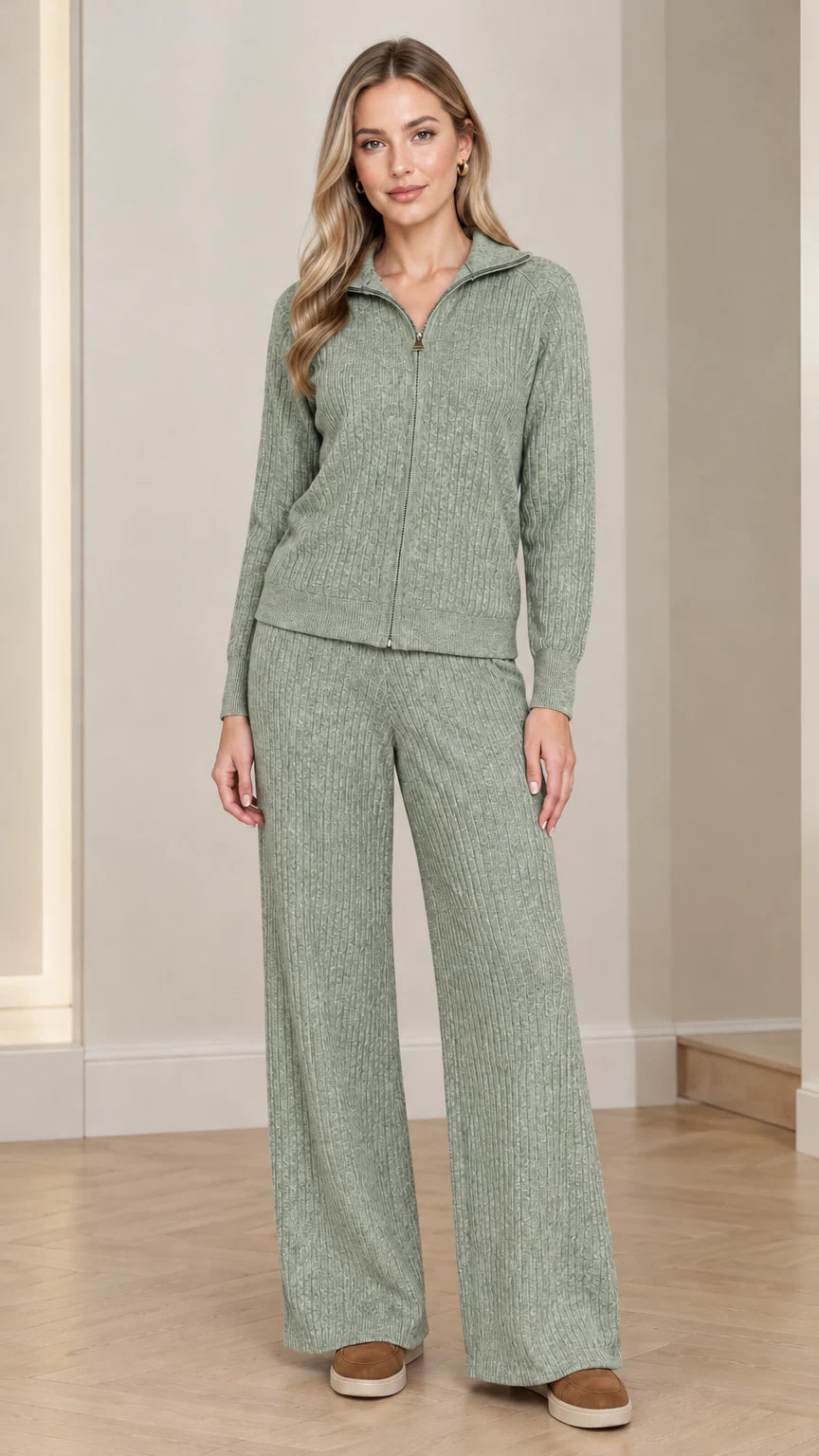 Front full view of woman wearing Sage Green ribbed knit zip jacket and wide-leg pants