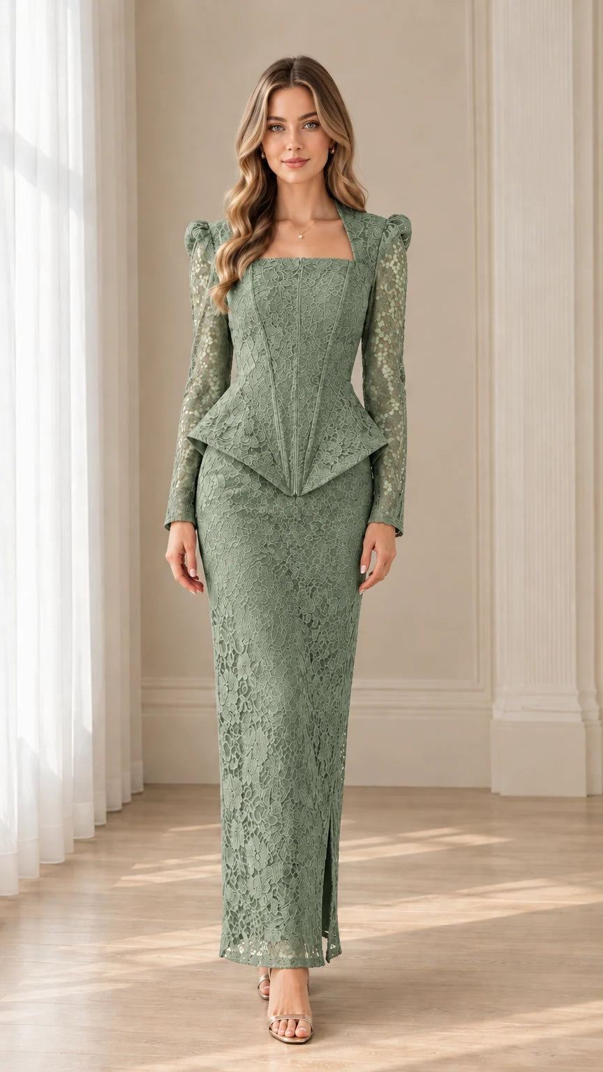 Model wearing sage green floral lace peplum top and column maxi skirt set