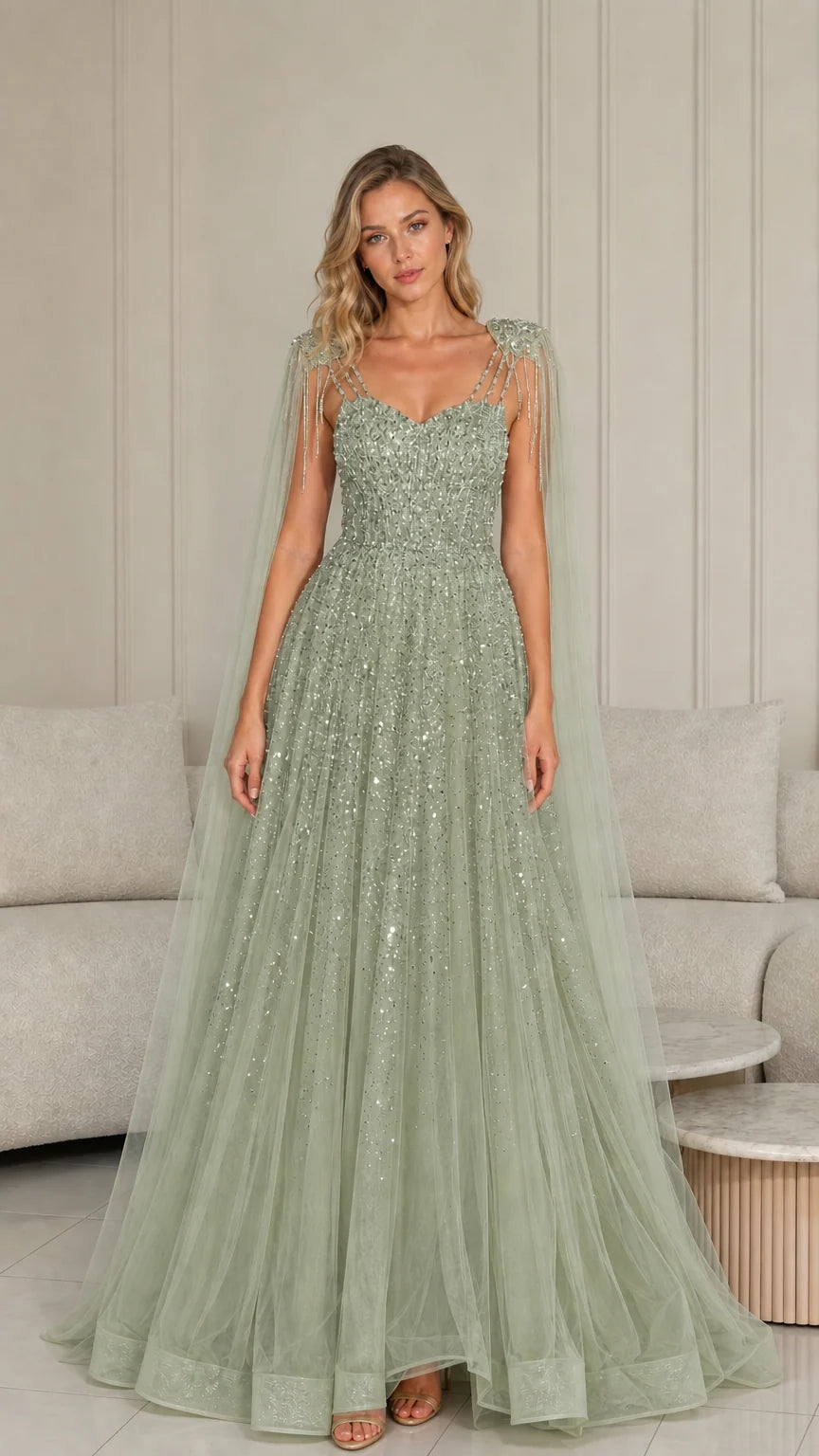 Sage green beaded tulle floor-length prom gown with shoulder drapes