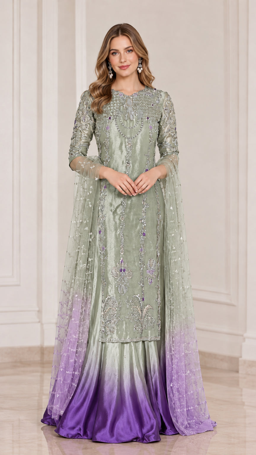 Full-length view of sage green and purple ombre embellished three-piece set