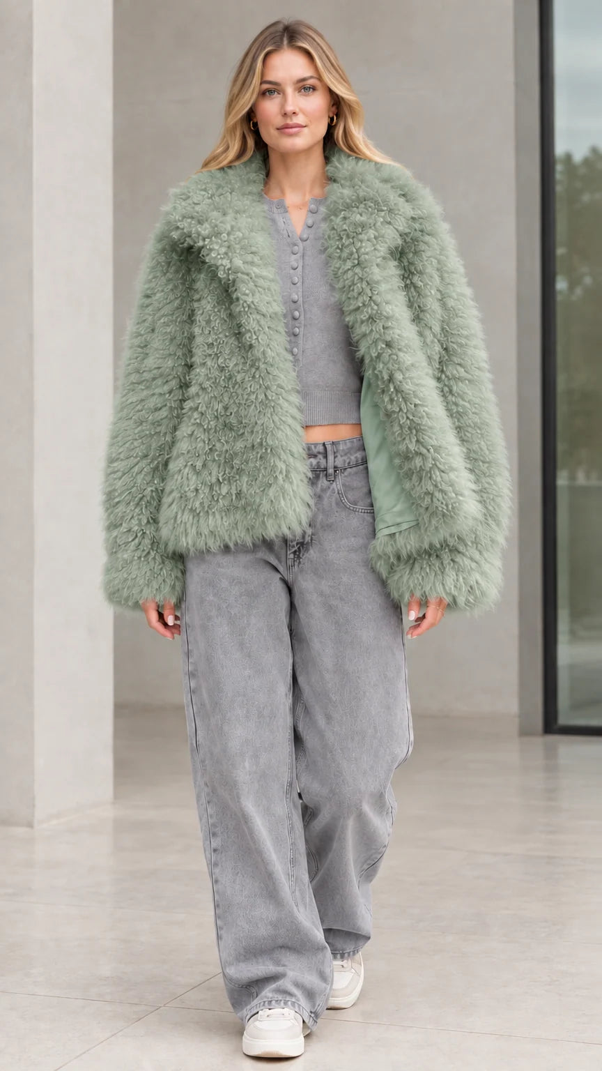 Front view of model wearing sage green shaggy plush jacket
