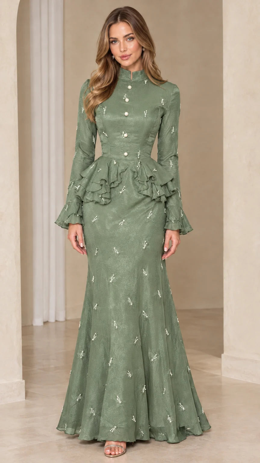 Full-length view of sage green embellished peplum mermaid maxi dress