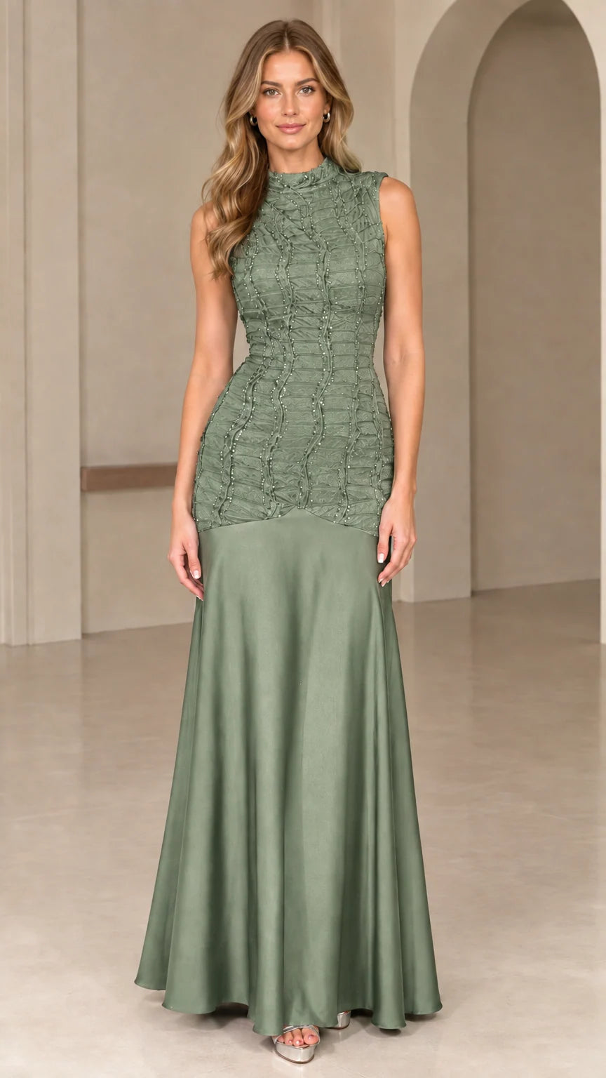 Front view of sage green sleeveless drop-waist formal maxi dress
