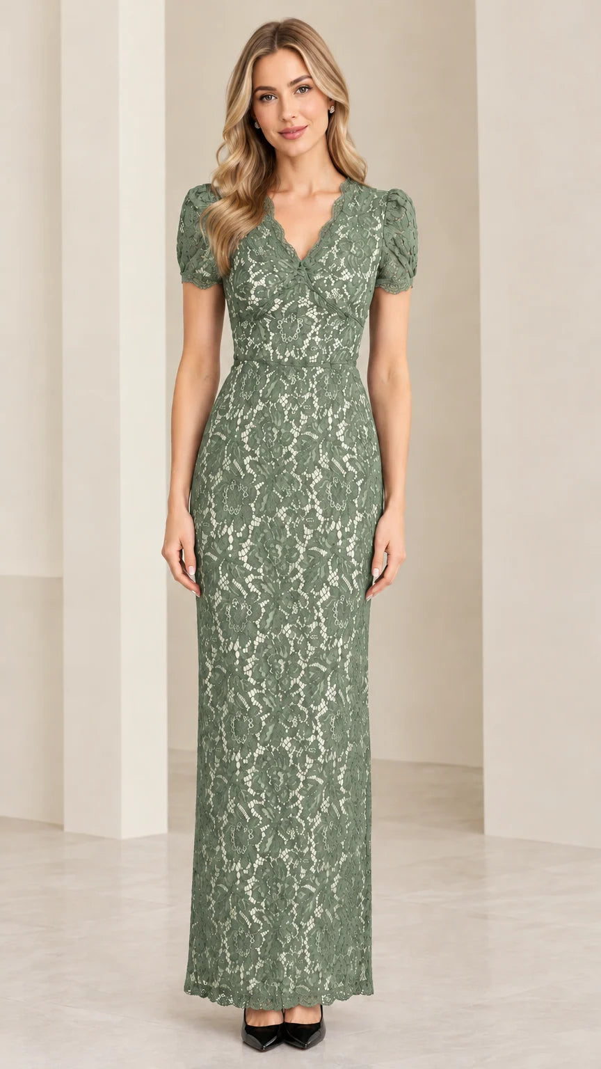 Front full view of model wearing sage green floral lace short sleeve maxi dress