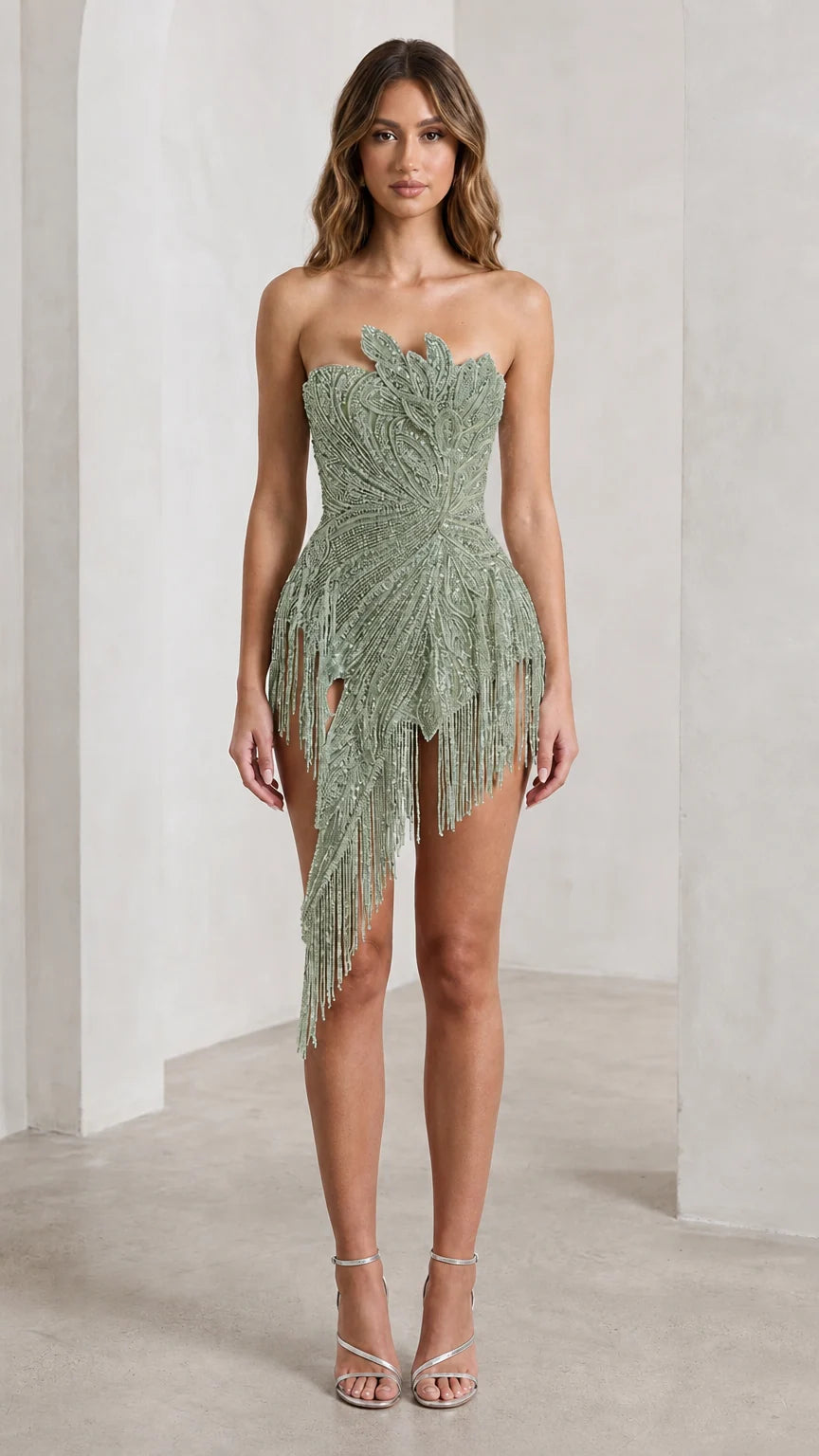 Front view of sage green strapless beaded fringe mini dress