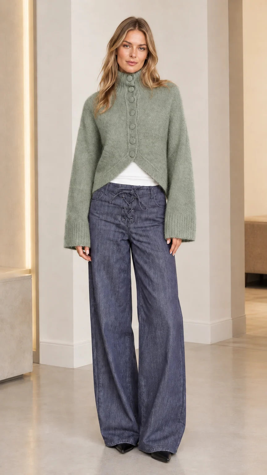 Women's sage green high neck knit sweater paired with wide leg denim pants