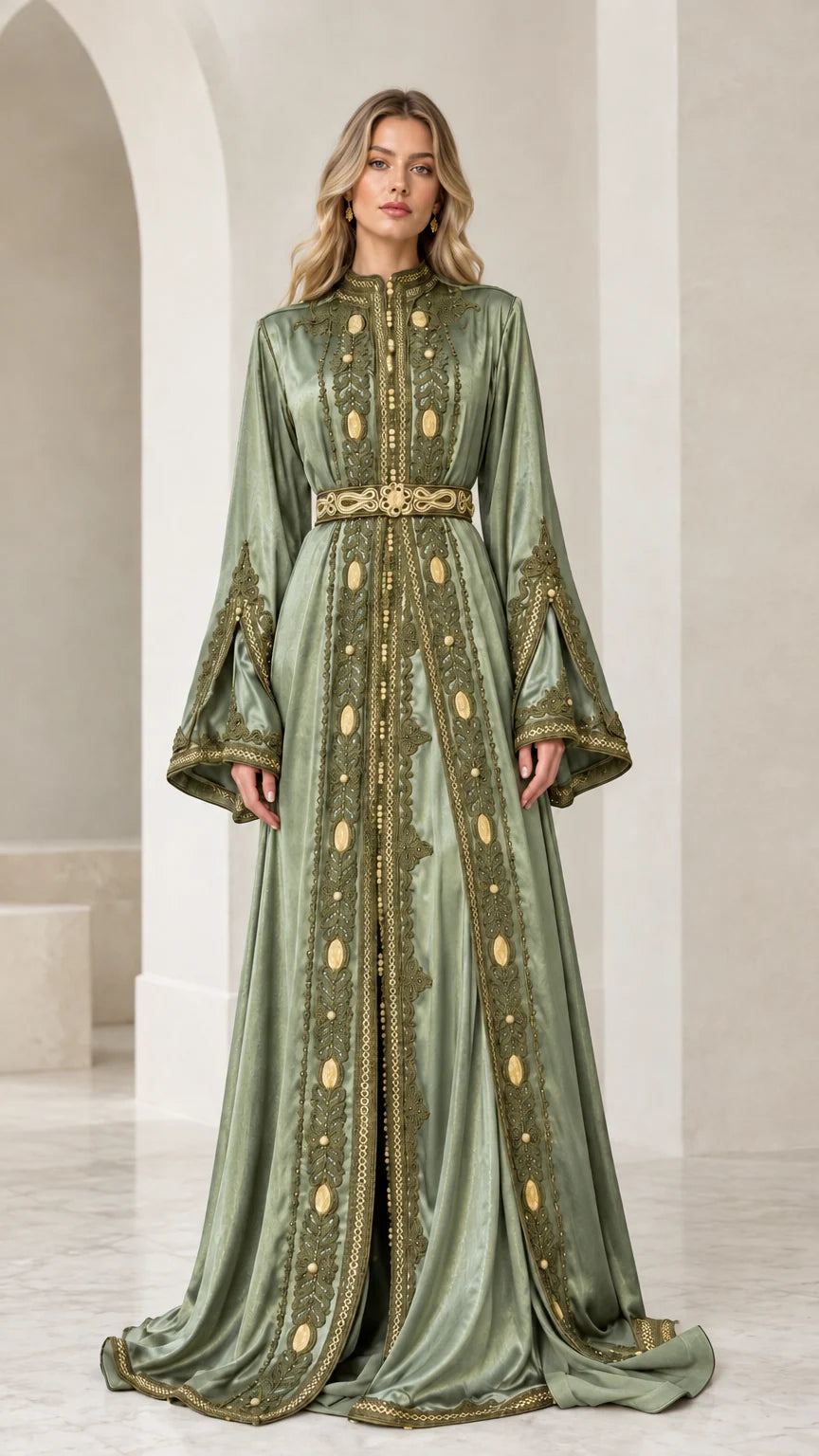 Full front view of Sage Green embroidered metallic kaftan evening dress