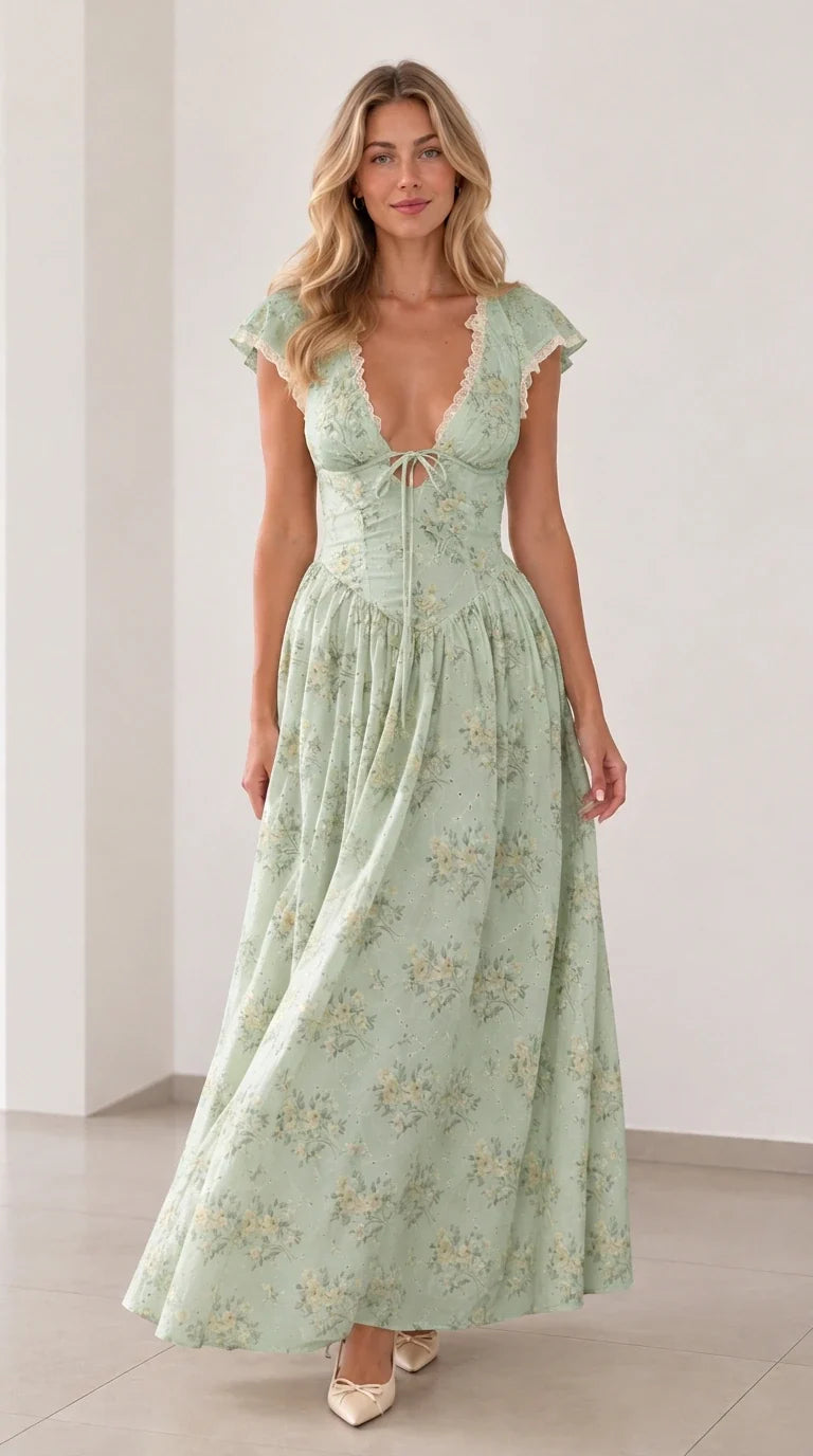 Front view of woman wearing sage green floral plunging tie-front maxi dress