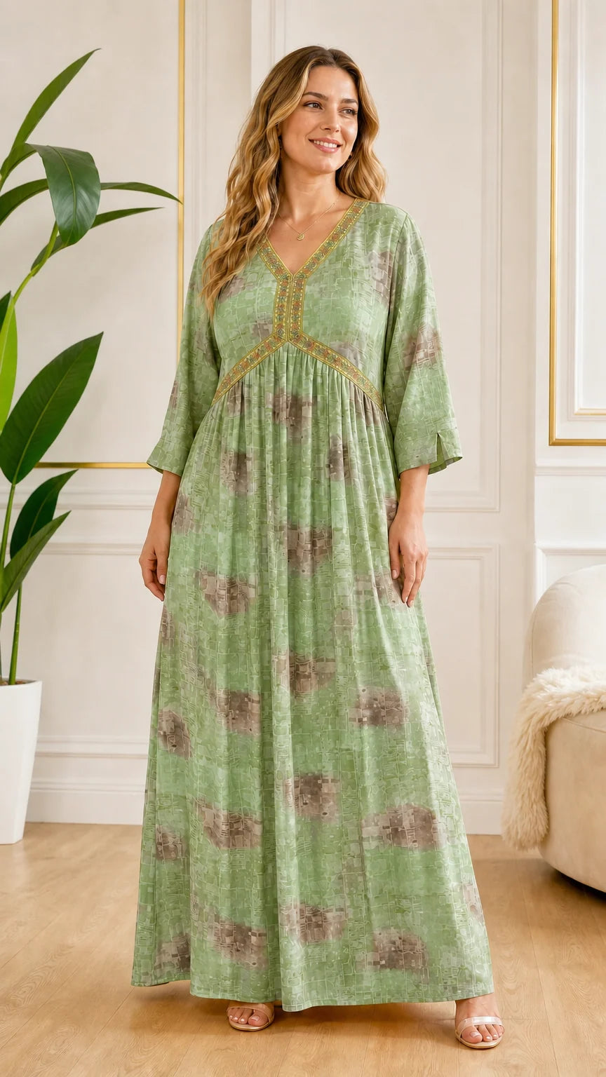 Front view of model wearing Sage Green printed bohemian maxi dress