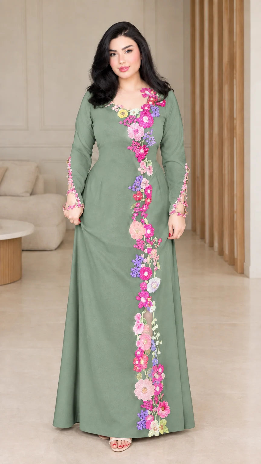 Front view of sage green floral embroidered long sleeve maxi dress