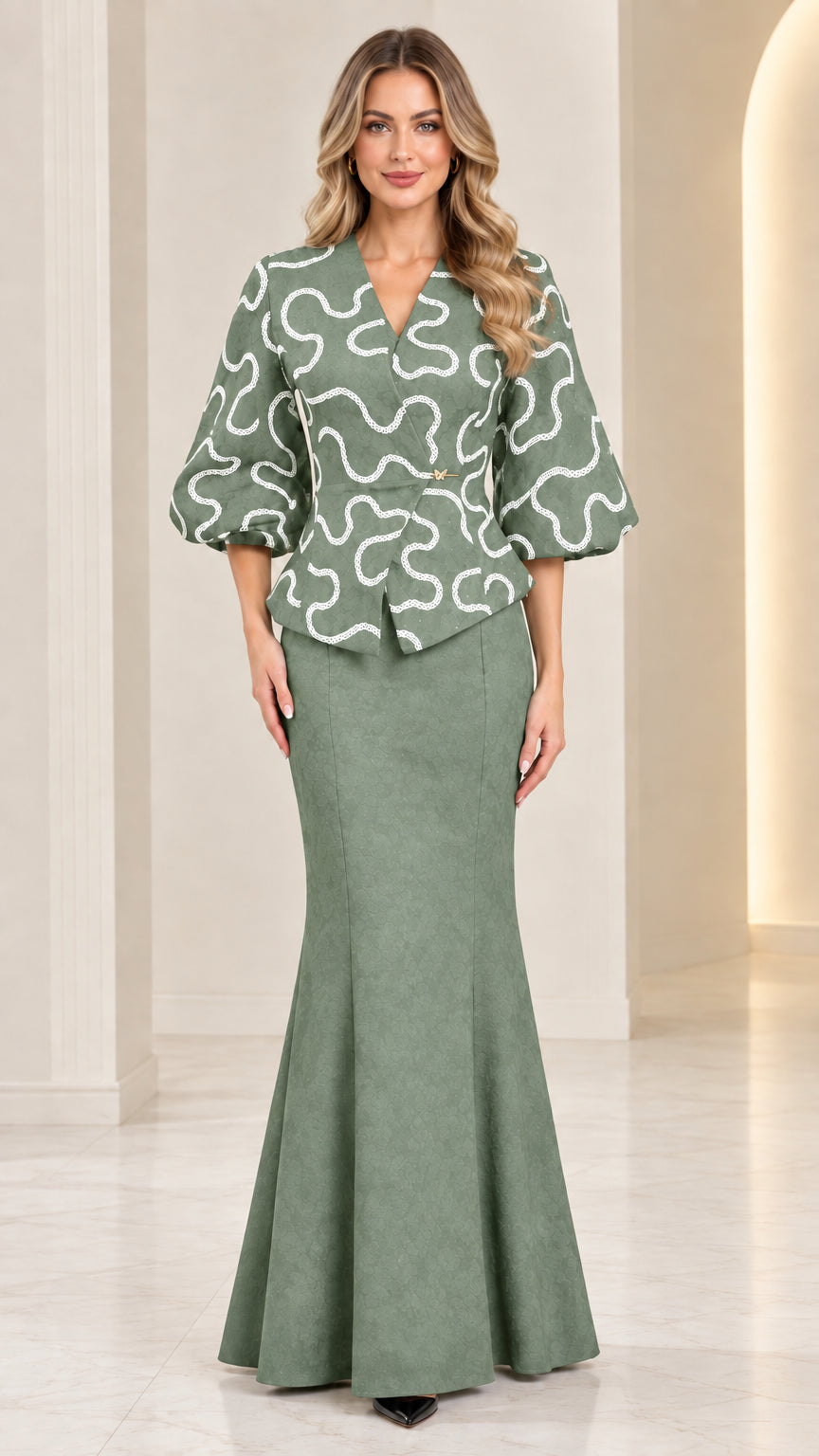 Sage green two-piece peplum top and mermaid maxi skirt formal set