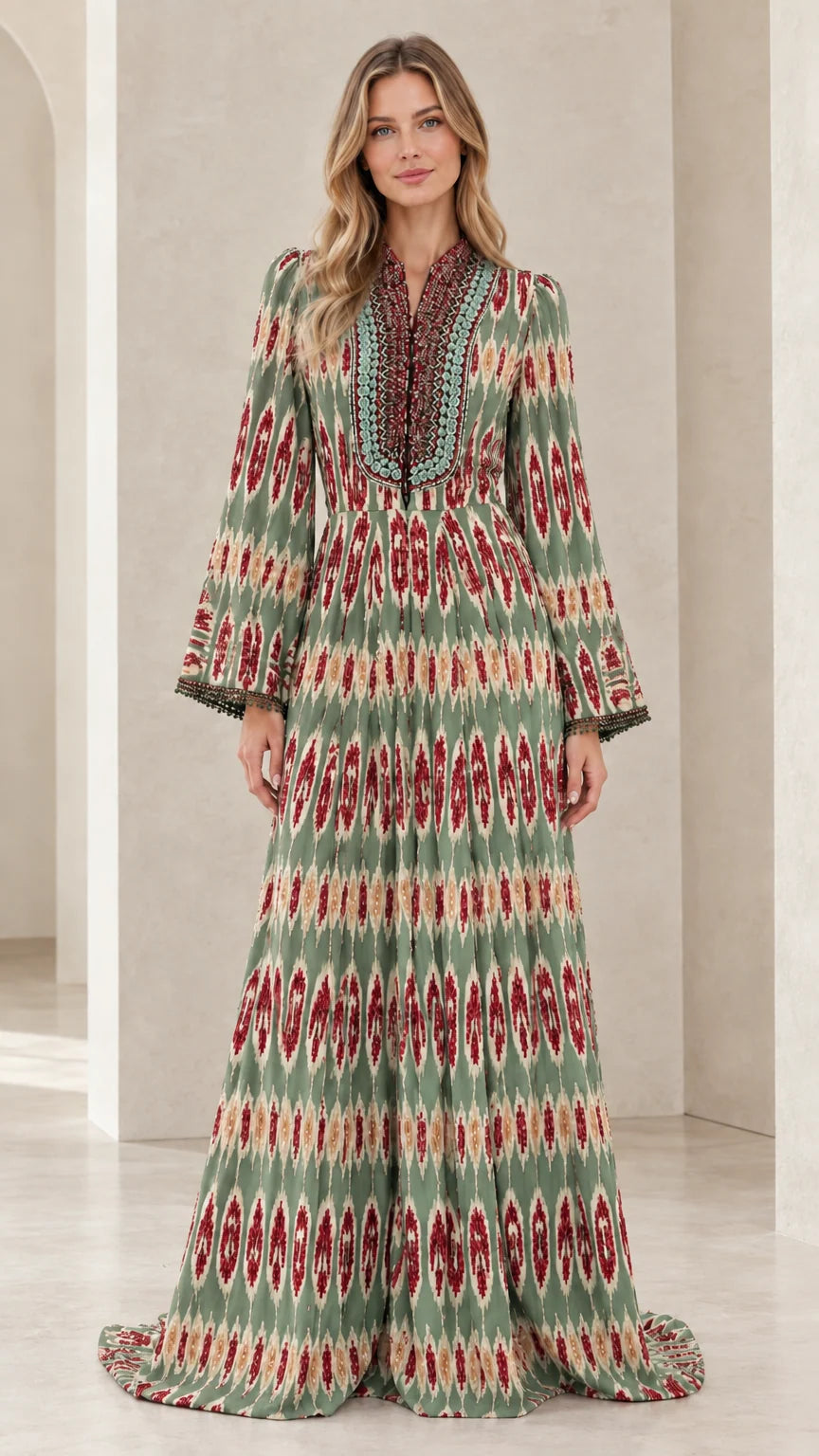 Full front view of sage green ikat pattern long sleeve maxi dress