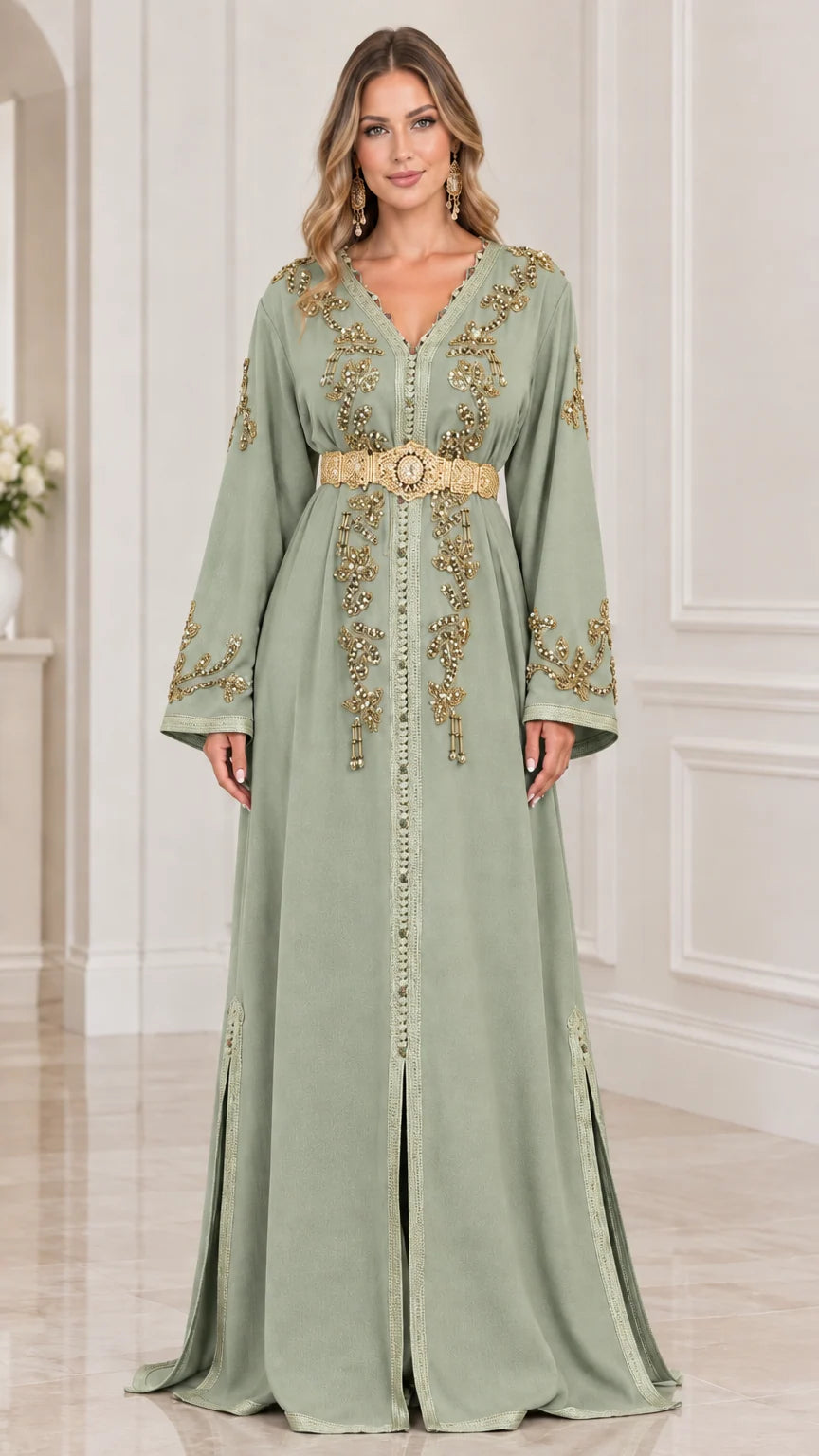 Front view of model wearing Sage Green embroidered kaftan dress with waist belt