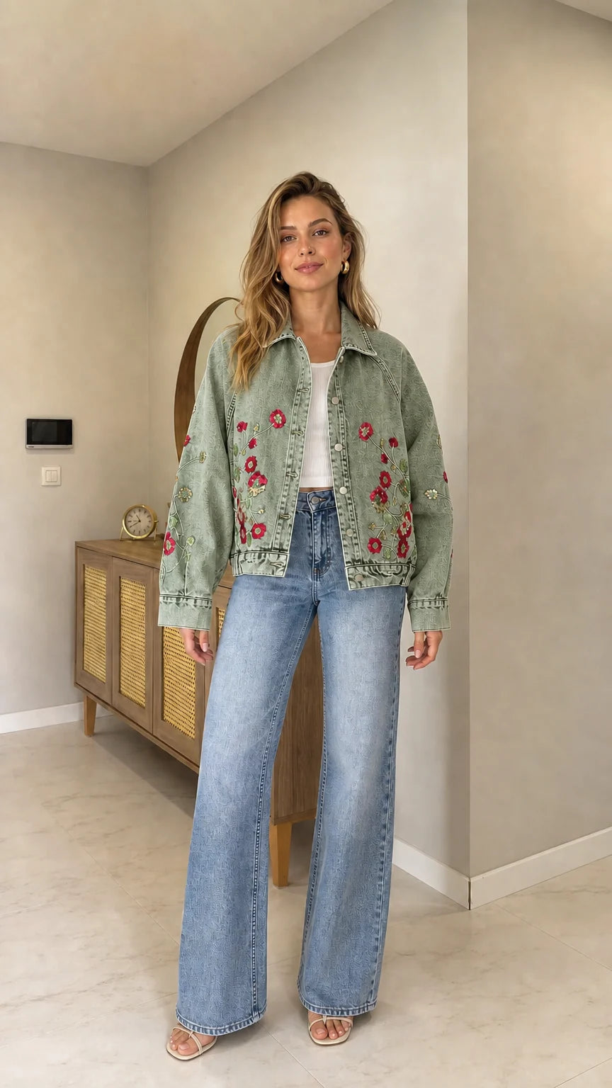 Full front view of woman wearing Sage Green floral embroidered denim jacket with wide-leg jeans