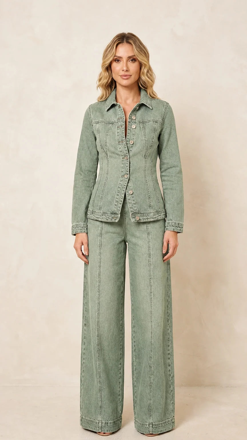 Front view of the women's sage green denim-style jacket and wide-leg pants set