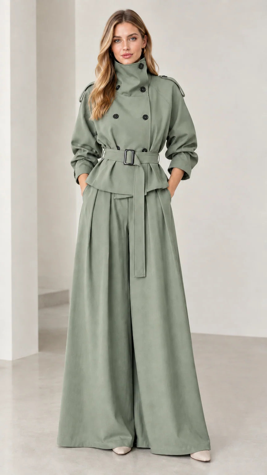 Full-length view of sage green two-piece belted trench and wide-leg pant set
