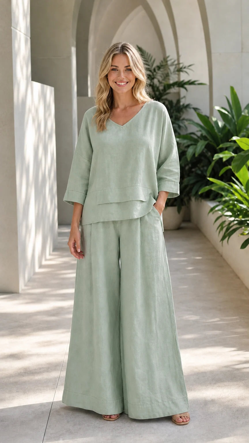 Woman wearing sage green two-piece wide-leg lounge set