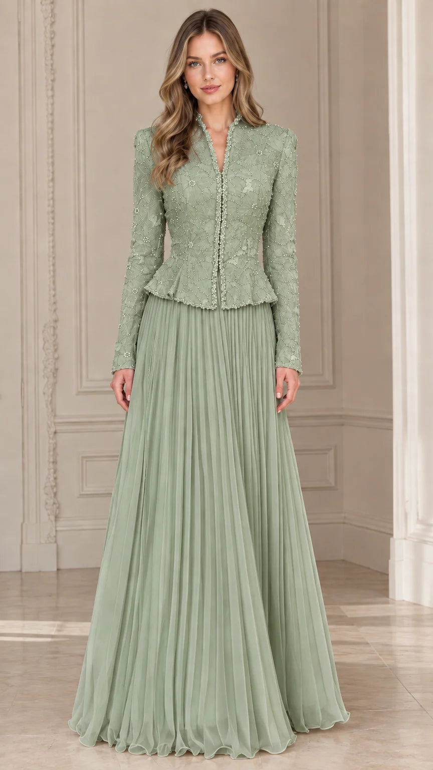 Sage green embellished peplum jacket and pleated maxi skirt evening set