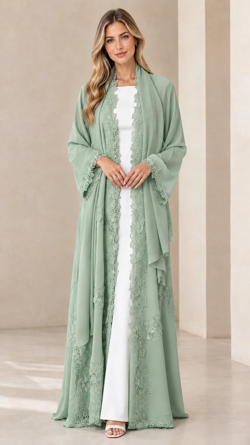 Front view of model wearing sage green floor-length lace-trimmed chiffon kimono duster