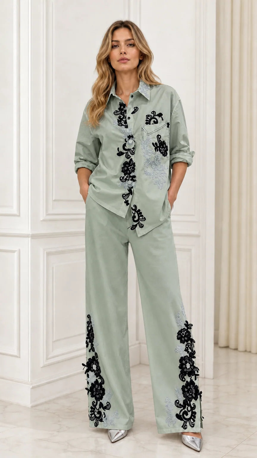 Full front view of sage green embroidered matching set