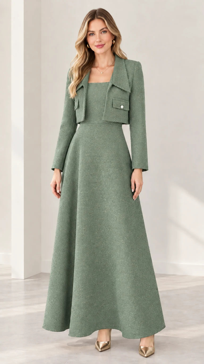 Sage green tweed two-piece maxi dress set for formal occasions