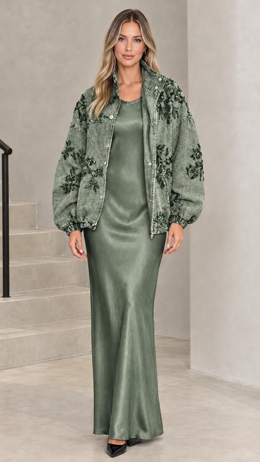 Sage green floral sequin washed denim jacket paired with a sage green satin dress