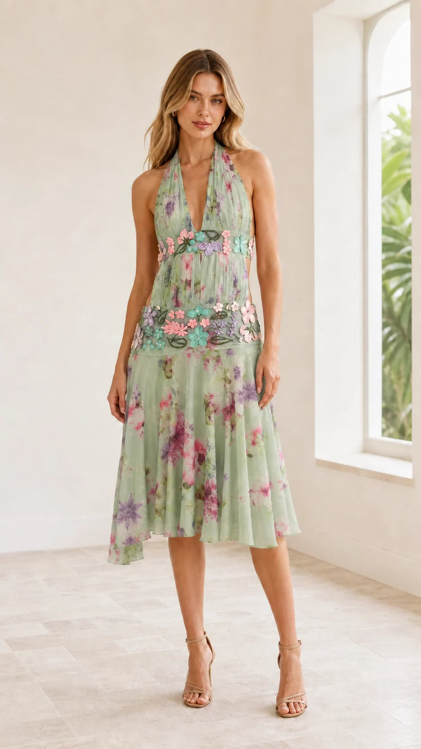 Front view of model wearing Sage Green floral halter cutout midi dress