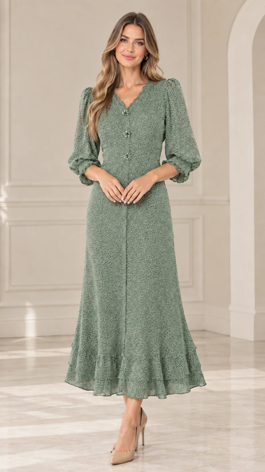 Front view of model wearing Sage Green scalloped V-neck polka dot midi dress