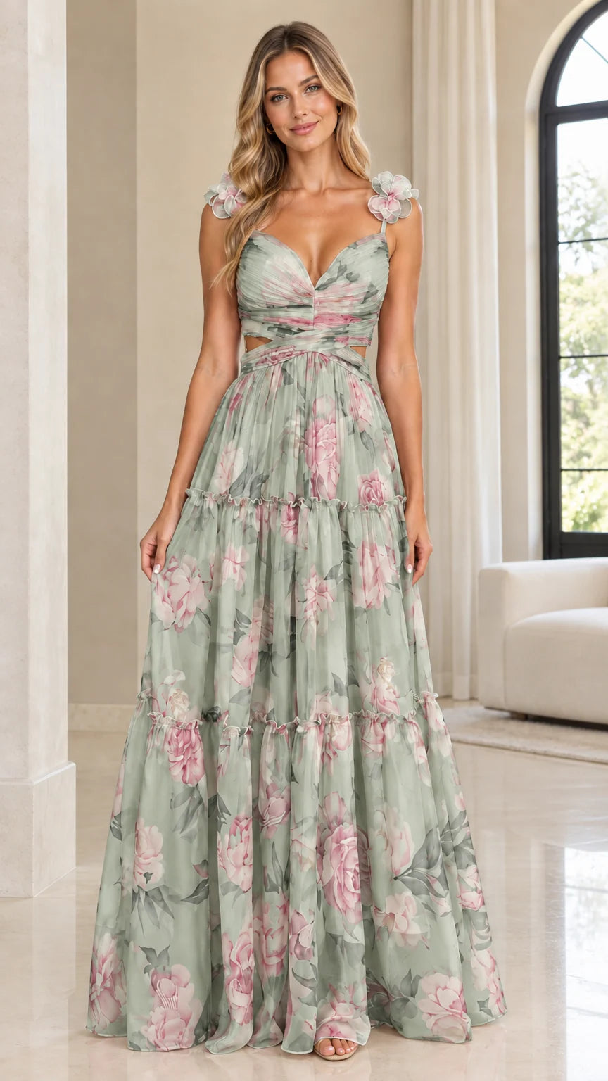 Woman wearing sage green floral tiered cut-out maxi dress with 3D shoulder flowers