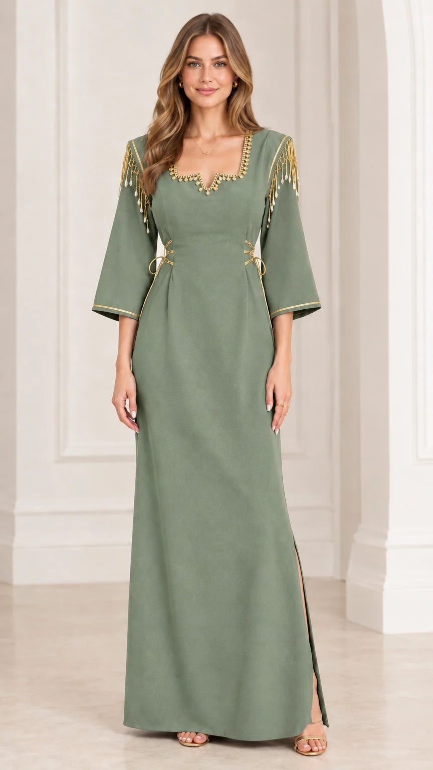 Full-length view of sage green maxi dress with gold embellishments and flared sleeves