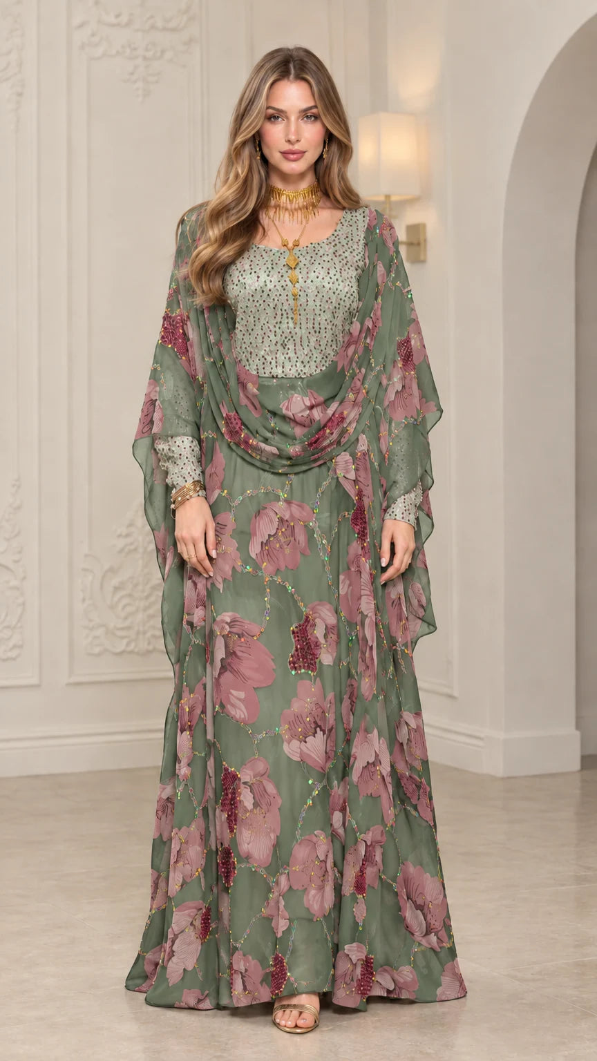 Front view of woman wearing Sage Green floral embellished kaftan maxi dress