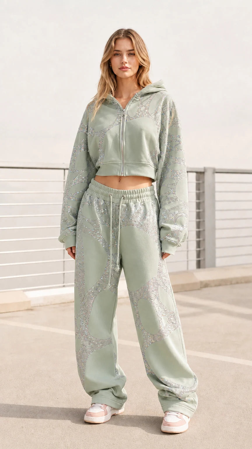 Women's sage green cropped zip hoodie and wide-leg sweatpants tracksuit set