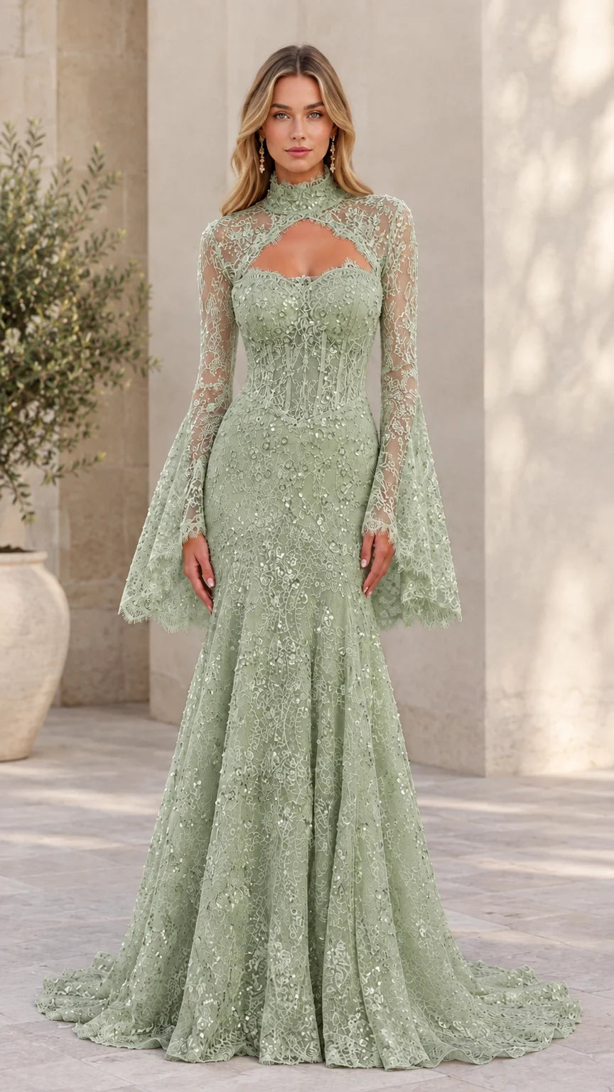 Front view of model wearing sage green lace mermaid formal gown with bell sleeves