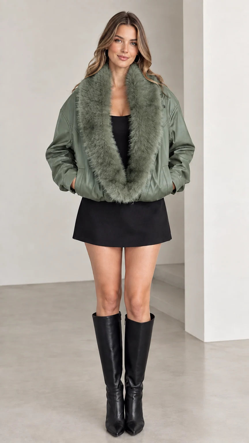 Model wearing sage green faux leather bomber jacket with plush fur collar