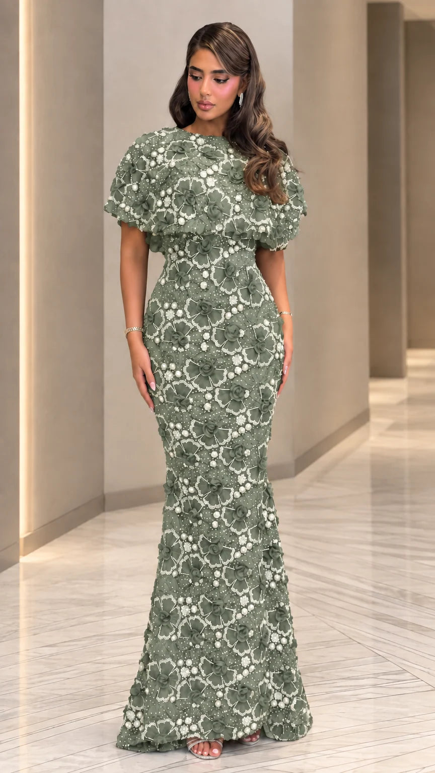 Full front view of sage green 3D floral appliqué mermaid formal maxi dress