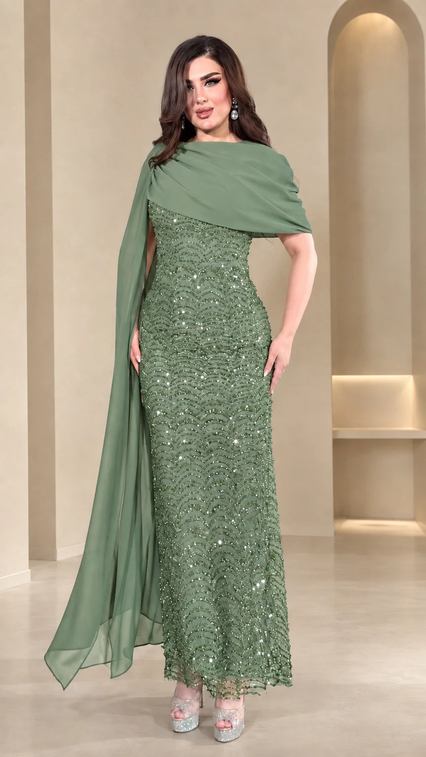 Sage Green sequin formal evening maxi dress with chiffon cape overlay