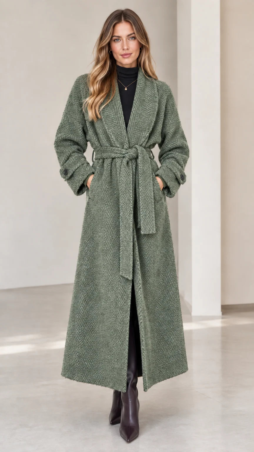 Front view of woman wearing sage green herringbone maxi wrap coat