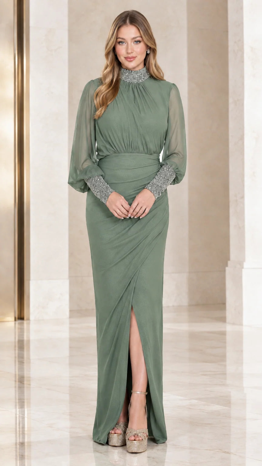 Sage green high collar sheer sleeve formal evening gown