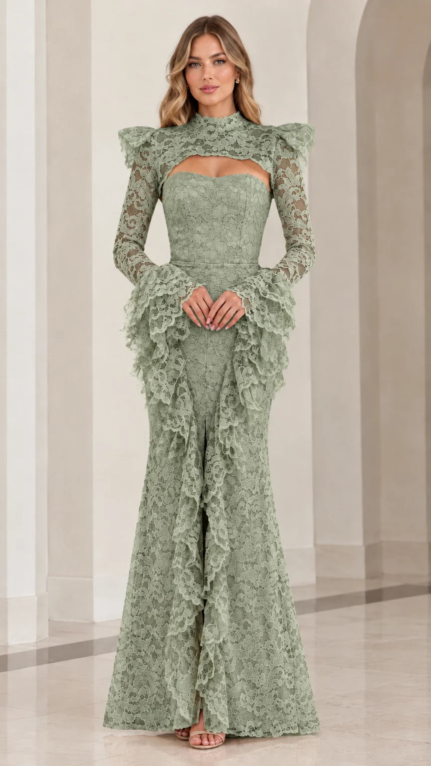 Front view of sage green high neck lace evening gown with slit detail