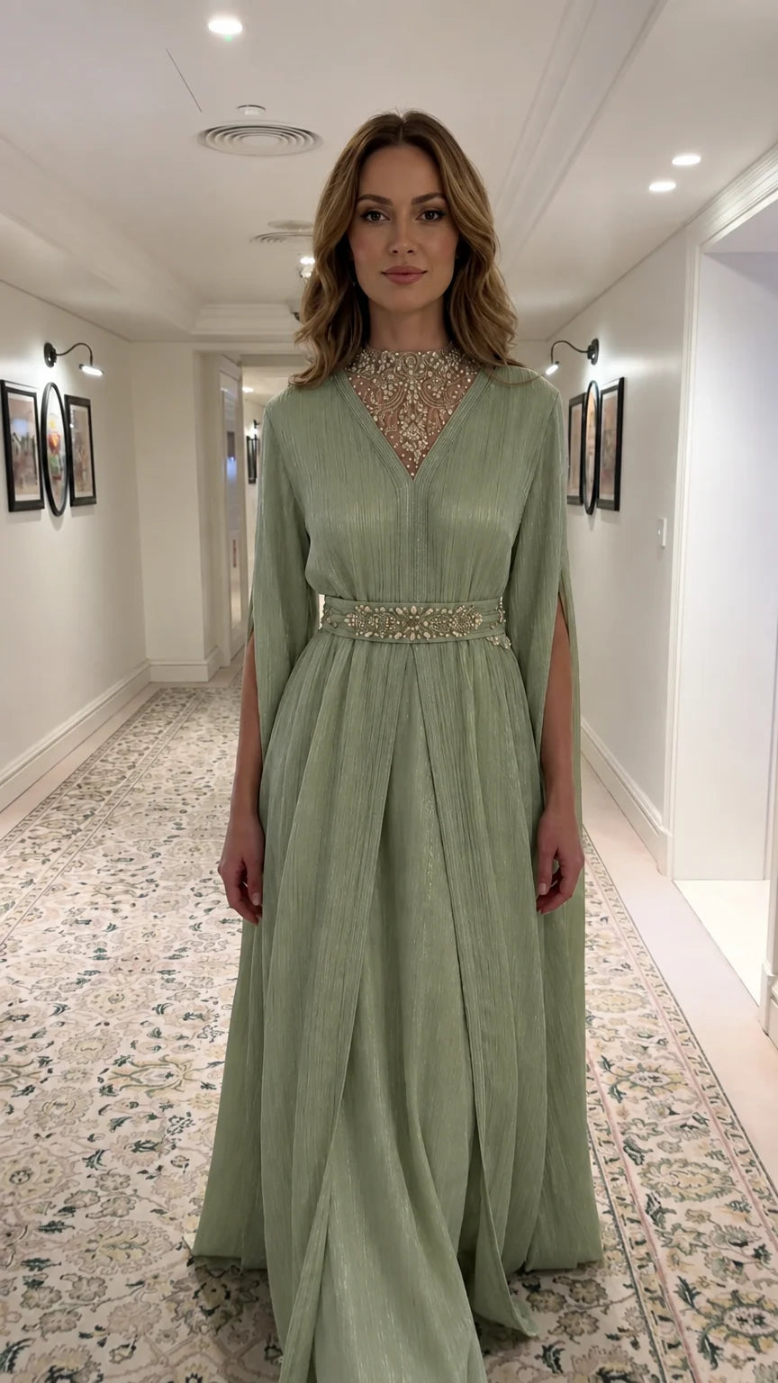 Sage Green pleated cape evening gown with beaded illusion neckline