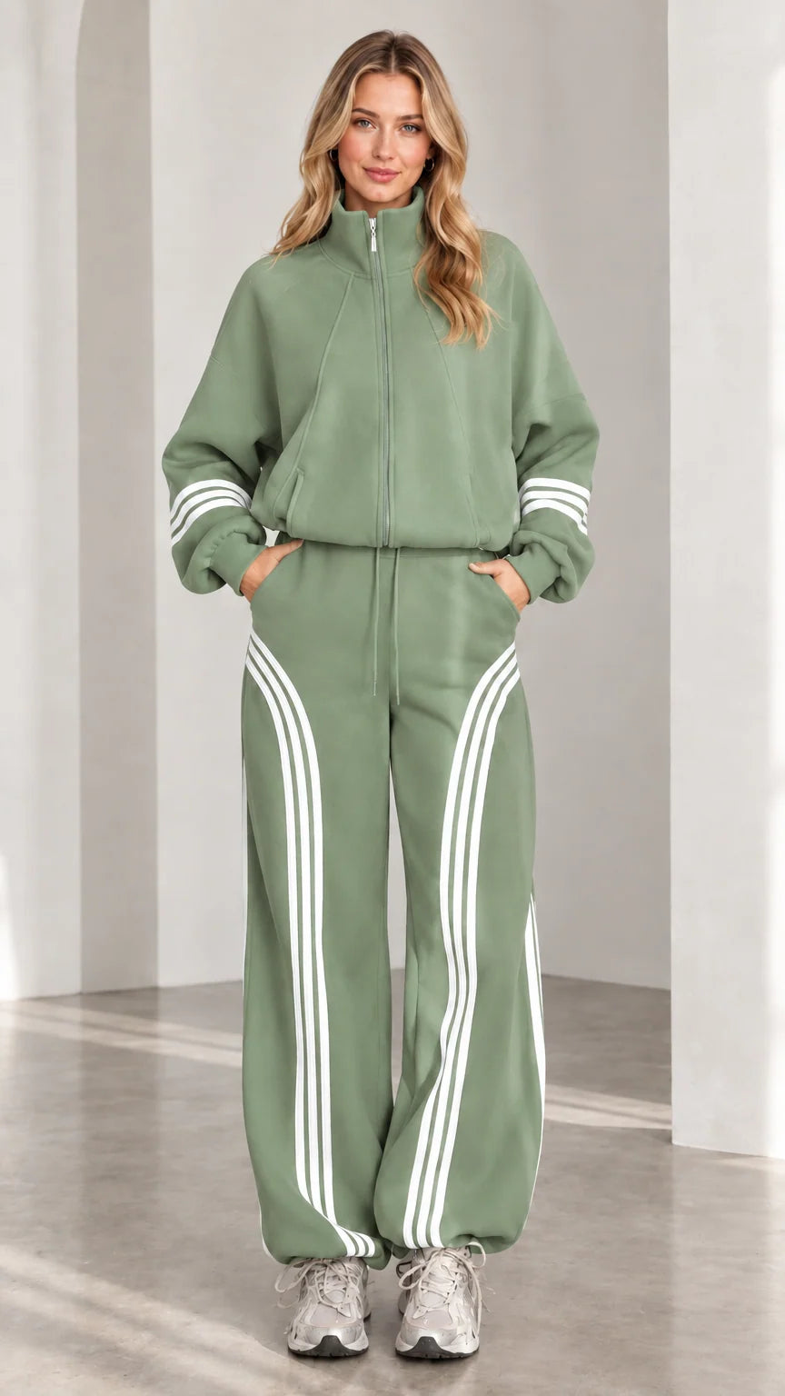 Front view of woman wearing sage green two-piece striped tracksuit set