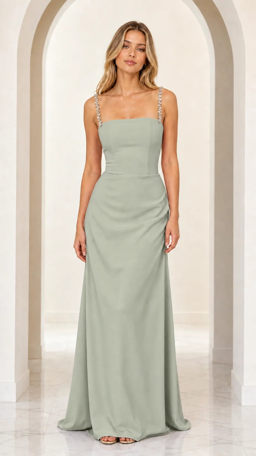 Sage green square neck formal maxi dress with embellished straps