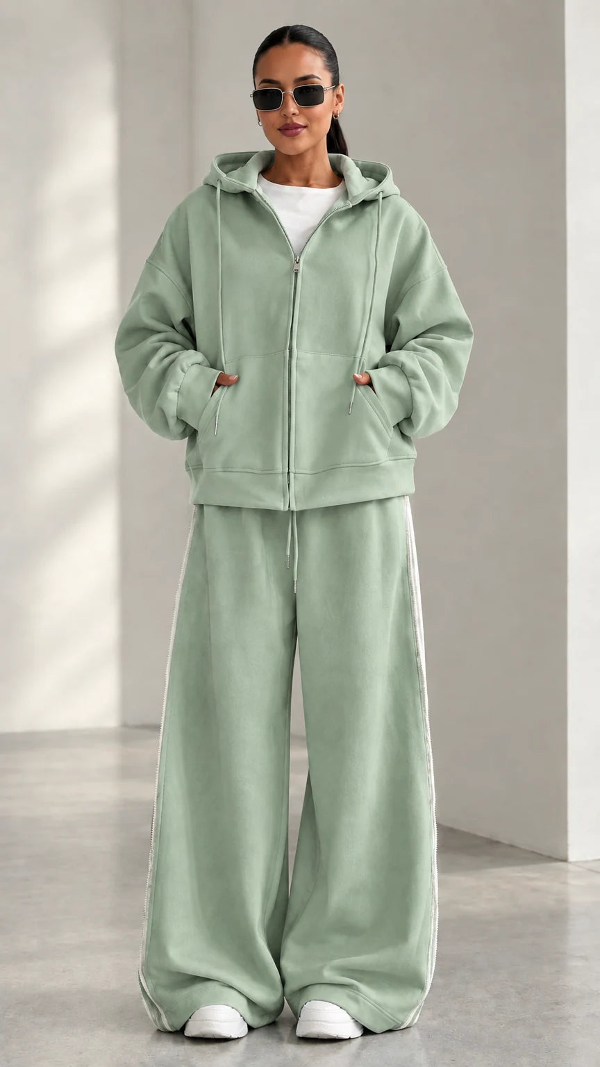 Model wearing Sage Green zip-up hoodie and matching wide-leg track pants set